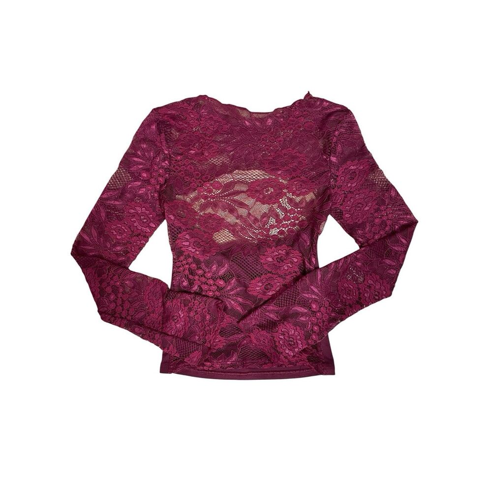 Burgundy Floral Lace Long Sleeve Sheer Top Blouse Size S